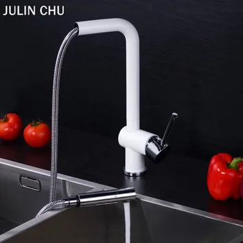 

Pull Out Kitchen Sink Faucet White Brass 360 Rotation Pull Down Kitchen Faucets Hot and Cold Water Mixer Chrome Taps Single Hole