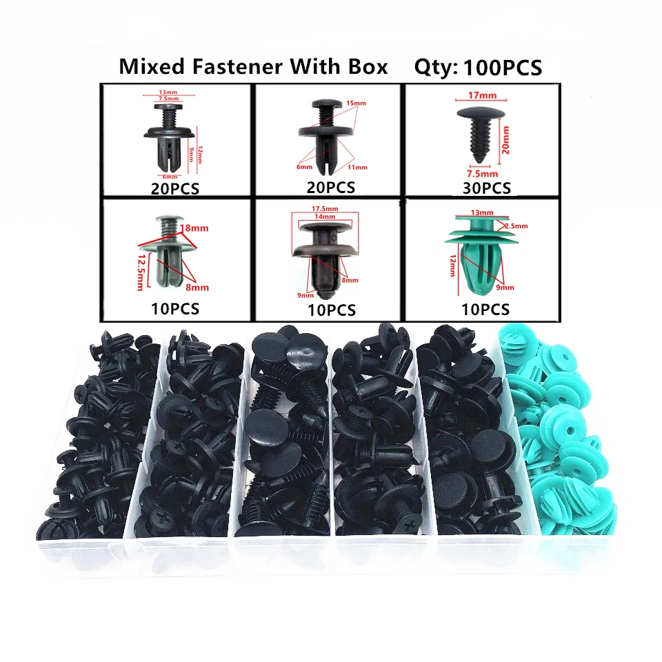 100PCS Mixed Auto Door Bumper Fender Cover Screw Plastic Fastener Snap