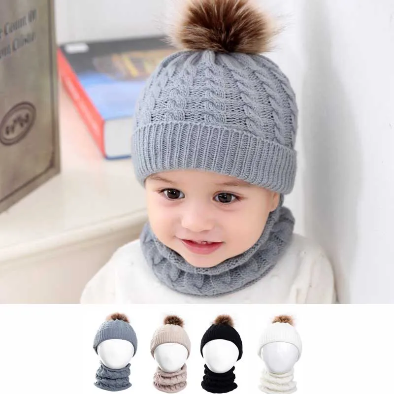 

2Pcs/Set Baby Hat Scarf Winter Fur Ball Knitted Warm Newborn Beanie Solid Color Protect Ear Cap O Ring Scarves Cap Bonnet