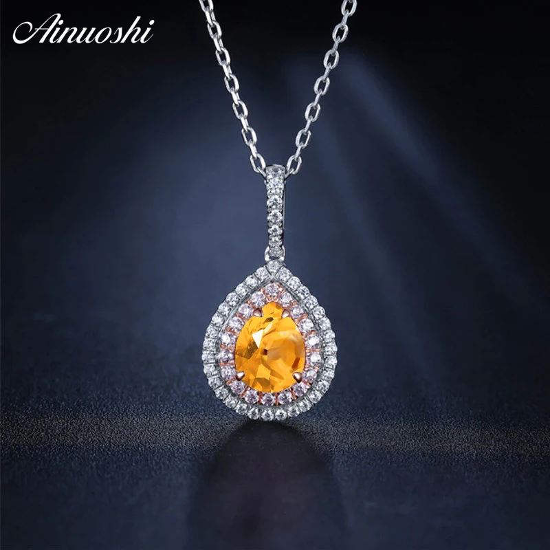 AINUOSHI Natural Citrine Heart Pendant 925 Sterling Silver Chain 1.5ct Cushion Cut Gem Pink Halo Pendant Necklace Women Jewelry