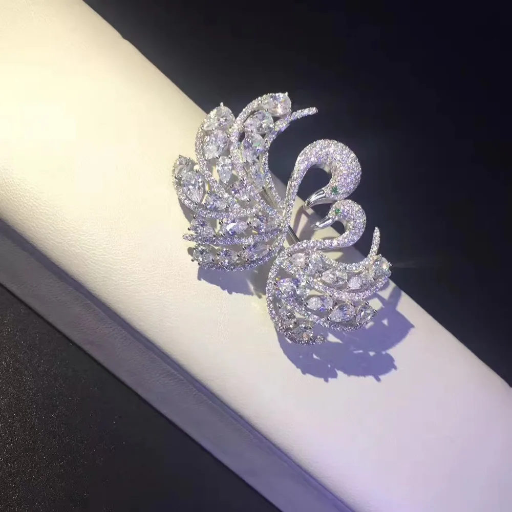 925 sterling silver with cubic zircon double swans brooch pins fashion