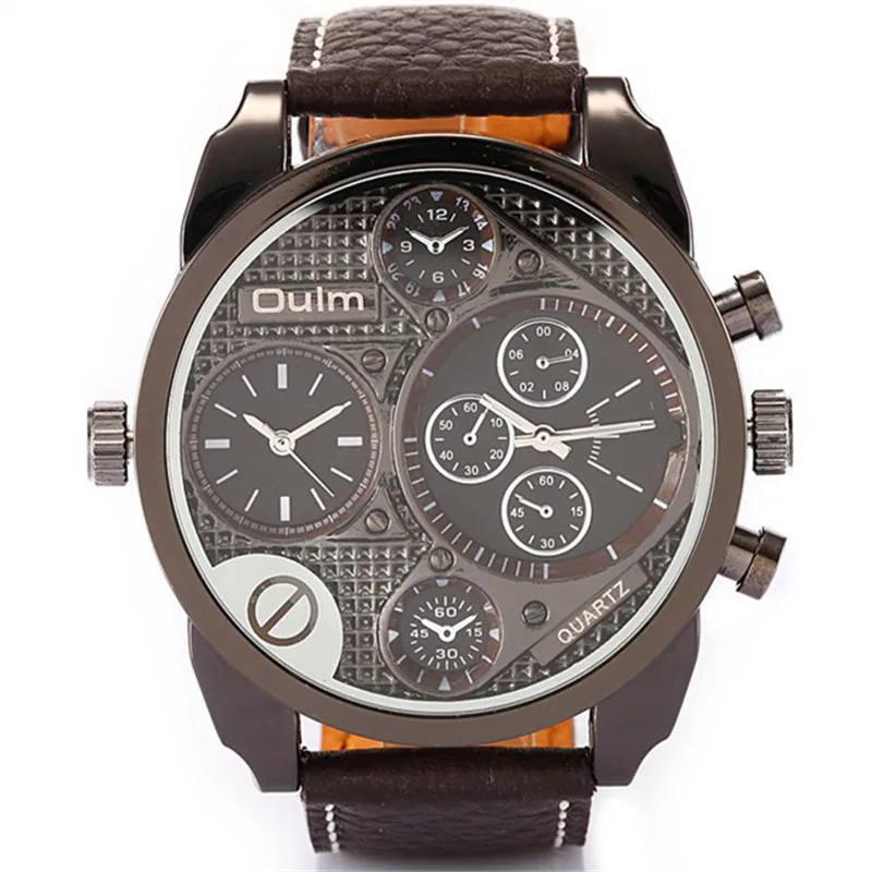 

Oulm Watches Mens Black Leather Band Big Round Dial Dual Japan Movt Quartz Wrist Watch Relogio Masculino Marca Original Moda