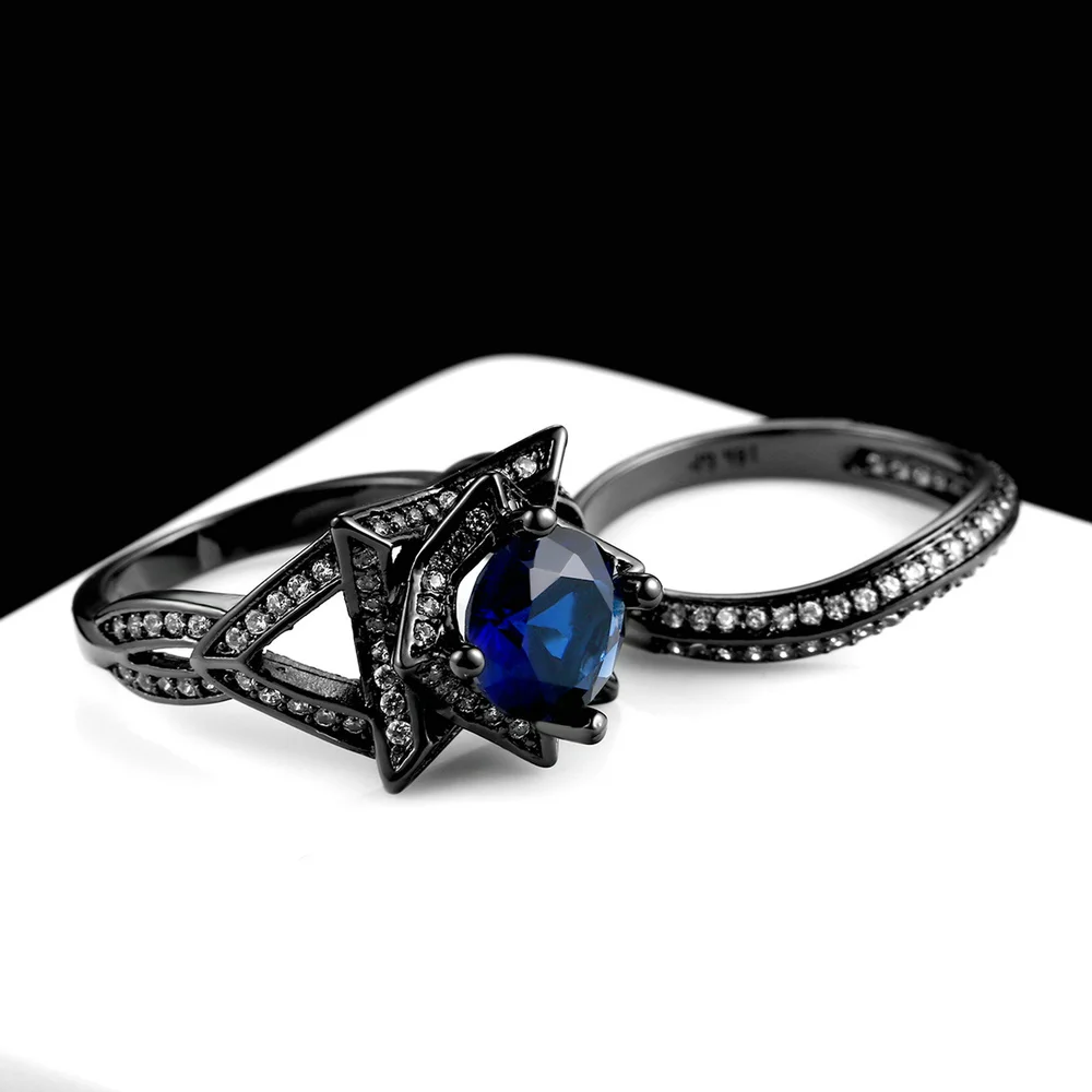 Double Fair Brand Cubic Zirconia Blue Crystal Rings Sets Black Gold Color Engagement Party Ring Sets Women Jewelry Gift DFR703