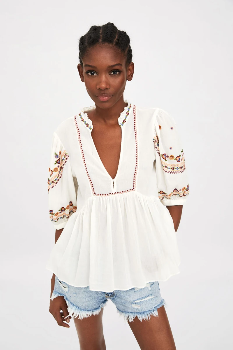 TEELYNN белая Бохо блузка хлопок Цветочная вышивка топ сексуальный v-образный вырез фонарь рукава хиппи шик лето женские блузки рубашка
