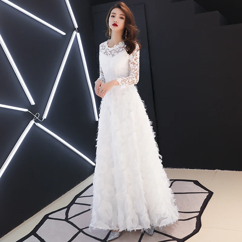 White Feather Evening Dresses Long 2019 O-neck A-line Floor-Length Lace Long Sleeve Evening Dresses Flow Women