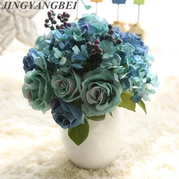 

1 Bunch 6pcs Artificial Flowers Blue Rose Silk Flower Bouquet For Home Decoration Hydrangea Fake Flower Plants Berry Valentine's