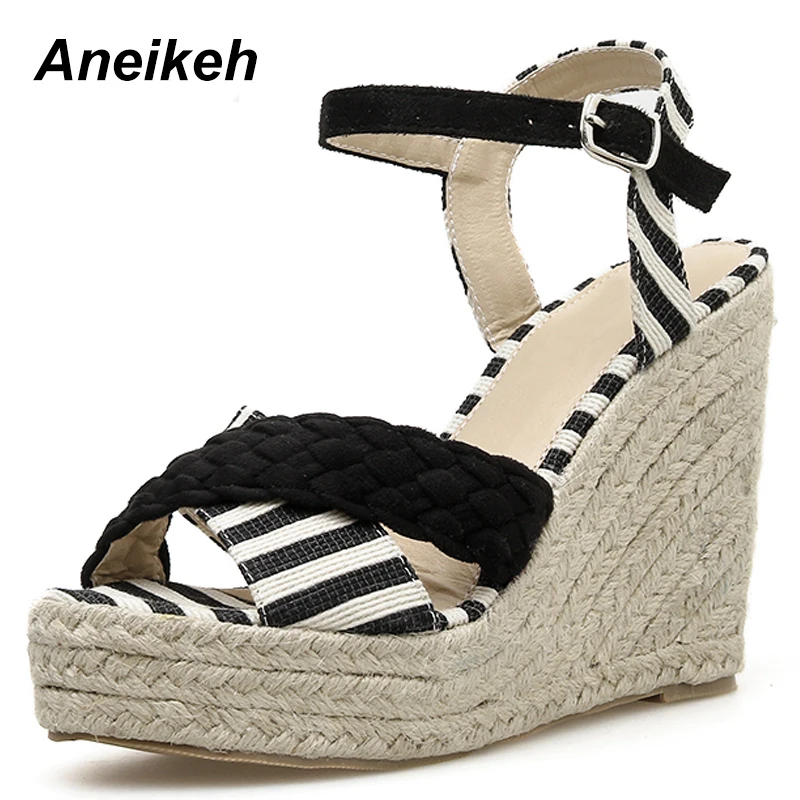 

Aneikeh 2019 Novelty Canvas Women's Vulcanize Shoes Gladiator Round Toe Wedge High Heels Shoe Buckle Striped Black Size 35-40