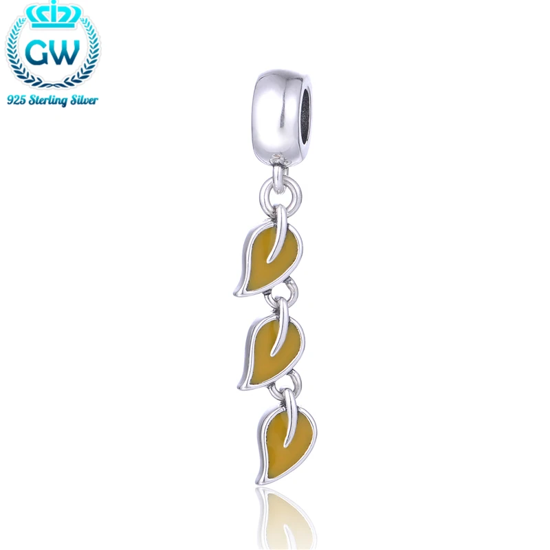 

Leaf Charm Pendant Yellow Enamel 925 Sterling Silver Bracelets For Women Fits Bracelet Women Bead Necklace Brand Aimili S448