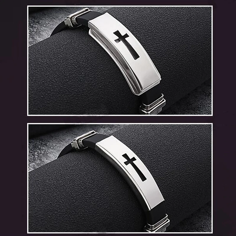 

Hot Sale Punk Rock Black Rubber Silicone Wristband Bracelet Stainless Steel Men Charm Silicone Bracelet Bangles