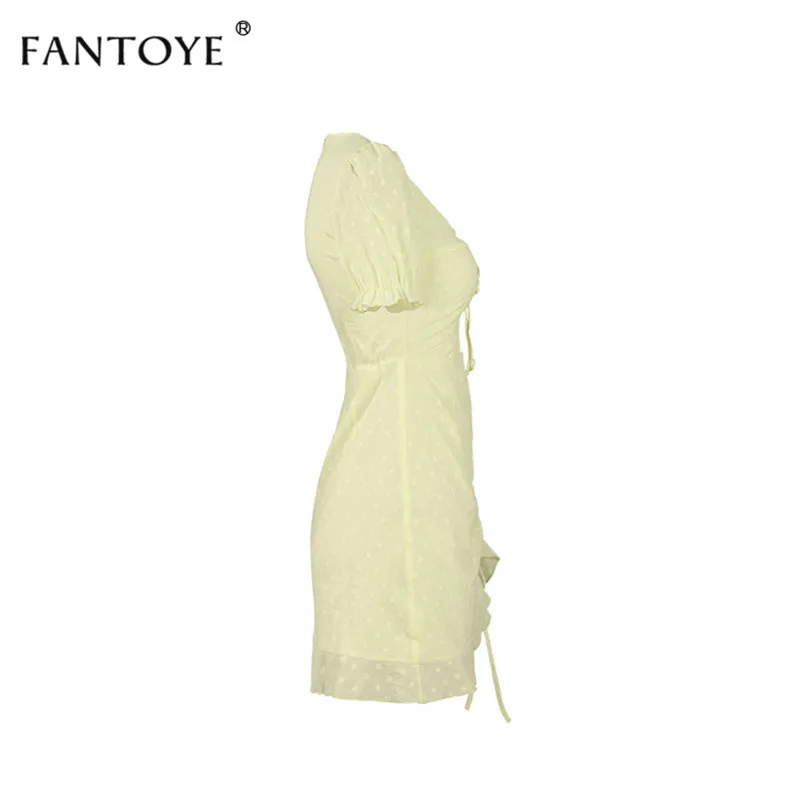 Fantoye, элегантное платье с пышными рукавами и v-образным вырезом, женское платье с оборками и рюшами, облегающее платье в горошек, сексуальные платья Vestidos