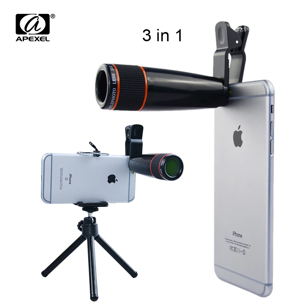 

Universal 12X Zoom Clip Telephoto Manual Focus Telescope Camera Phone Lens with Tripod + Holder for iPhone Samsung HTC 12X3in1