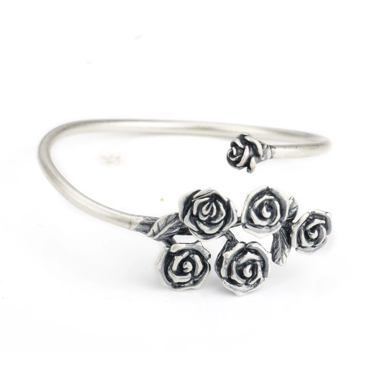 

925 Sterling Silver Cuff Bangle Vintage Carved Silver Roses Women European Style Bracelets 6cm Diameter