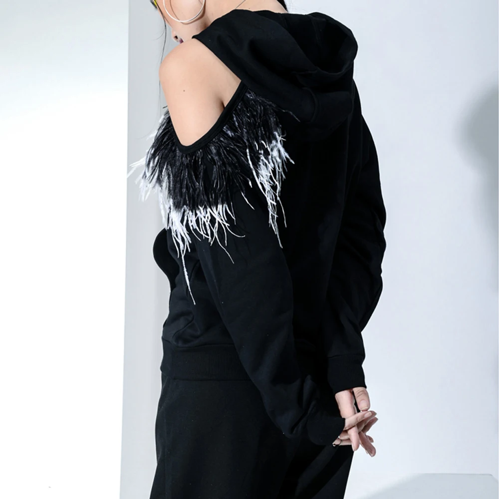 Sweatshirts Patchwork Feather Shoulder Black Sy1007 Girls Quality Tops Runway Hooded Out Sexy Style Hollow High Real CwXvqZ7Z