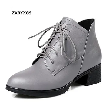 

New 100% Natural Full Genuine Leather Shoes Woman Boots Thick Heel Non-slip Warm Winter Boots Women Shoes Lace-up Leather Boots