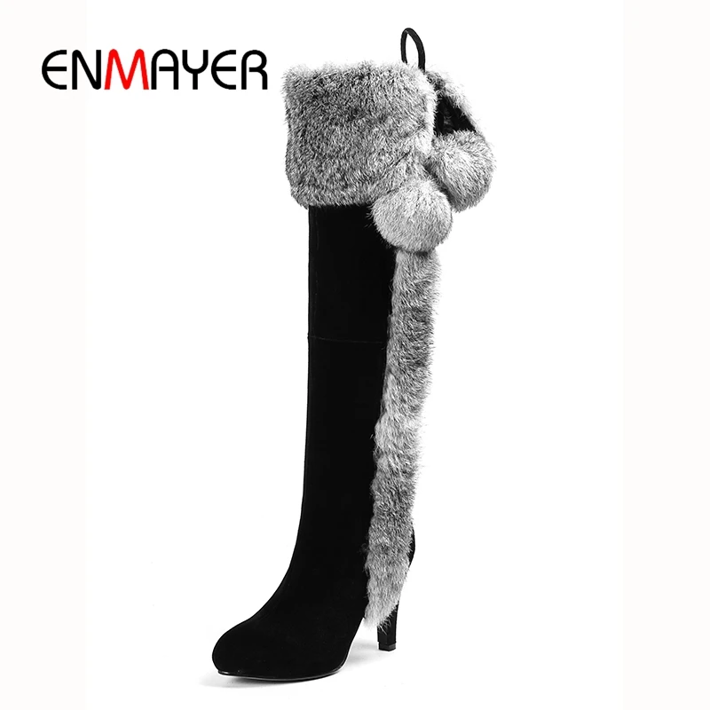 

ENMAYER Boots women round toe fur over the knee high heel boots women zipper boots thin heel boots Size 34-40 ZYL956