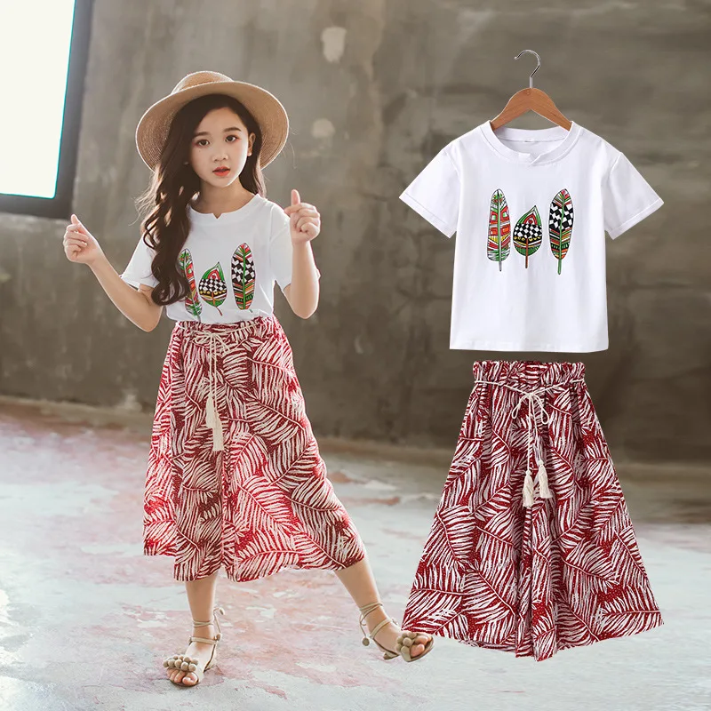 

2019 Summer Girl Clothes 2 Piece Set Tops Cropped Pants Clothes Set Print Children's Clothes Fashion Short Sleeve T Shirts