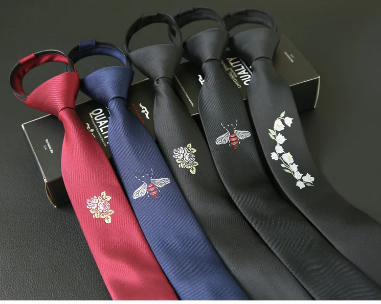 

2019 Unique Design Fashion Explosion Business Men's Narrow Version 5cm Lazy Zipper Style Easy To Pull Embroidery Black Red Tie