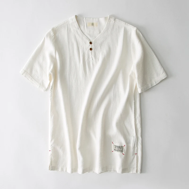SHANBAO брендовая мужская футболка лето высокое качество хлопок лен свободный v-образный вырез короткий рукав Футболка белый зеленый Небесно-Голубой