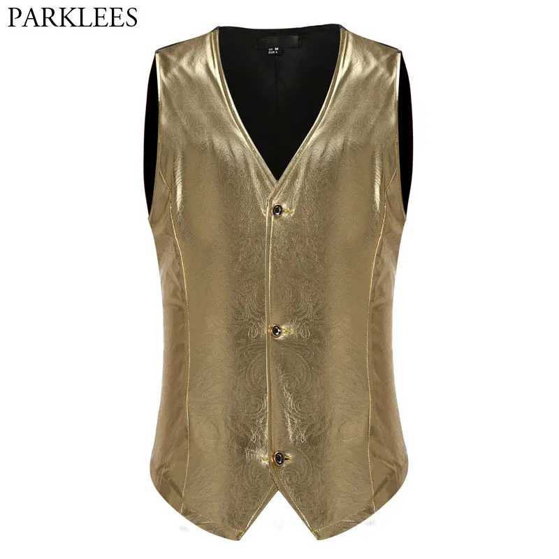 2018 Shiny Gold Coated Metallic Suit Vest Men Paisley Floral Print Slim