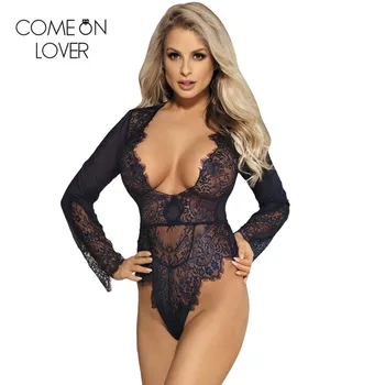 

Comeonlover Long sleeve lace rompers playsuit deep v neck sexy beach club bodysuit women plus size rose red black romper RE80400