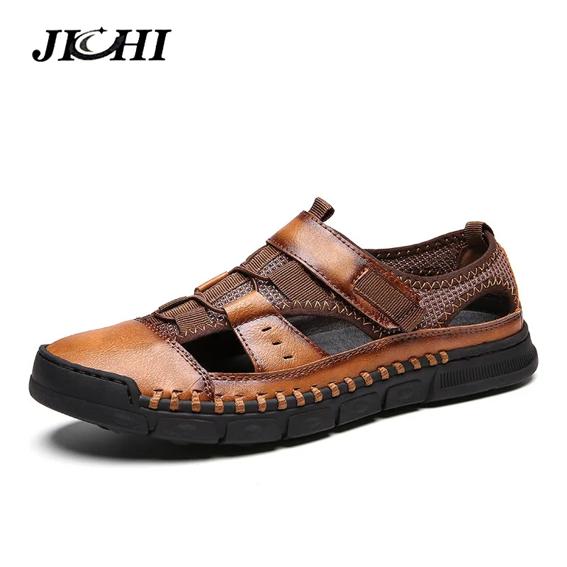 JICHI Элитный бренд 2019 Новый Мужские вьетнамки; тапочки из натуральной кожи летние модные пляжные сандалии обувь для Для мужчин большой