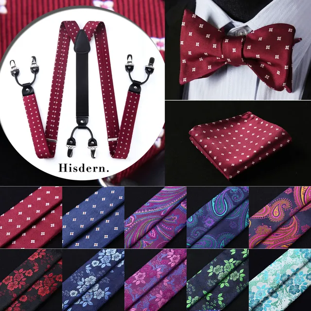 Suspender Bowtie & Pocket Square Set#S3 Floral Paisley Various Classic 6 Clips