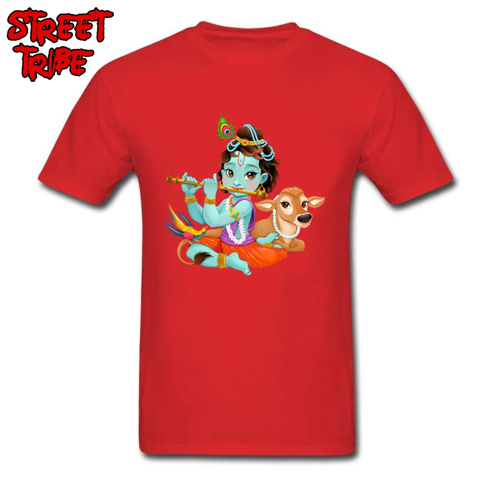 Short Sleeve Tops Tees Round Collar 100% Cotton Men T-Shirt Baby Krishna with sacred cow Printing Tops T Shirt New Coming Baby Krishna with sacred cow red