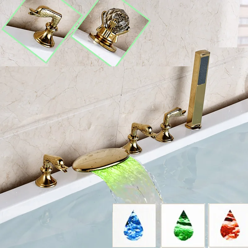 Gold Plate Led Color Changing Bathroom Tub Faucet Deck Mount With