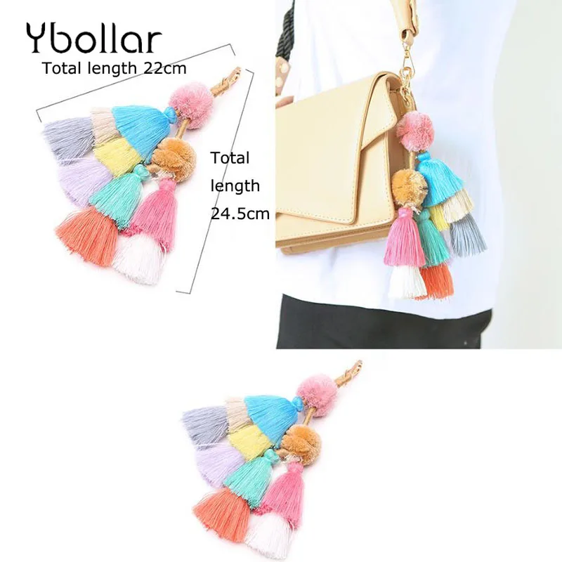 

Colorful Bohemian Pompons Layered Tassel Bag Pendant Hanging Decoration Key Chain Fashion Key Ring Jewelry Women Gift
