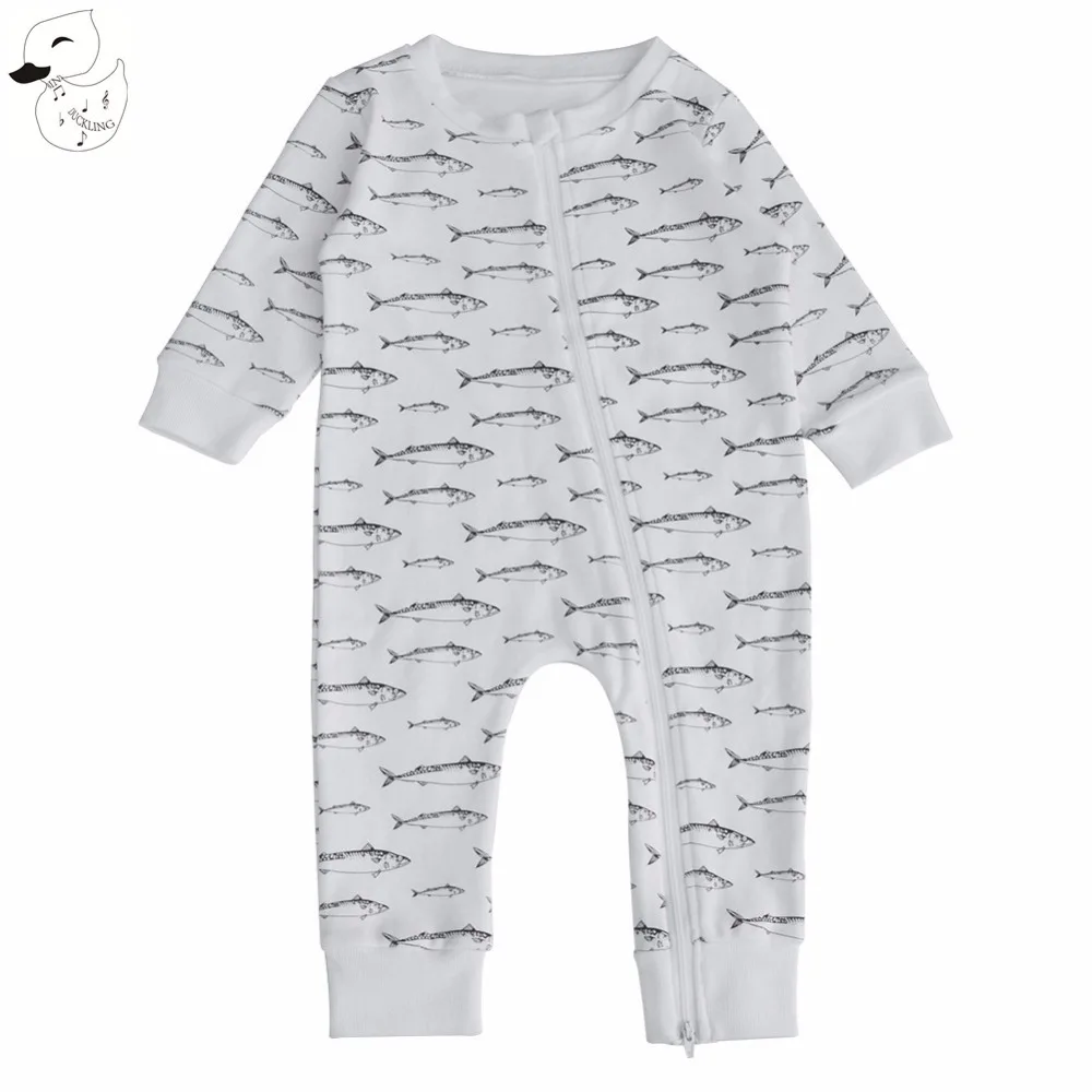 

BINIDUCKLING Baby Rompers Pajamas Newborn Cotton Long Sleeve Overalls Boys Girls Kids Autumn Spring Clothes Fish Pattern Zipper