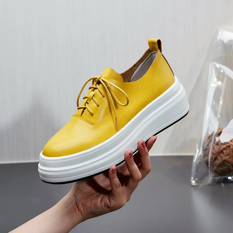 

2019 Spring Summer Brand New Chunky Sneakers Women Shoes Platform Canvas Shoes Loafers Shoes Genuine Leather Lace-Up Pigskin