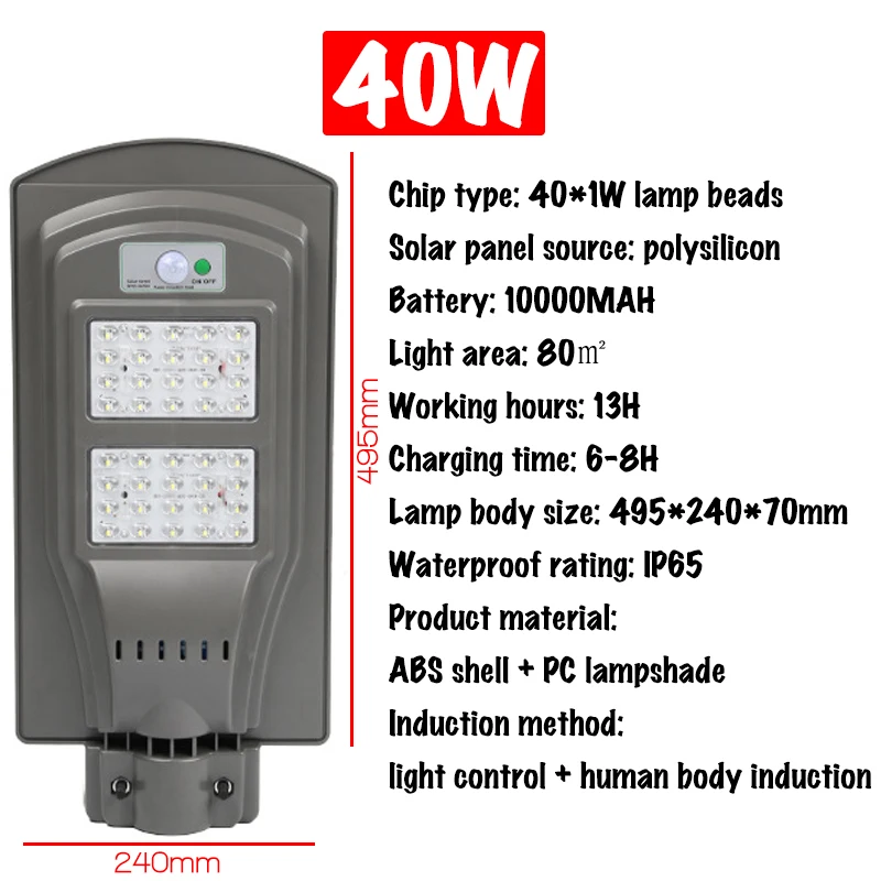 20 Вт/40 Вт/60 Вт прочный IP65 Водонепроницаемый светодиодный светильник на солнечных батареях, дорожный прожектор, настенный светильник с датчиком движения, уличный светильник для сада