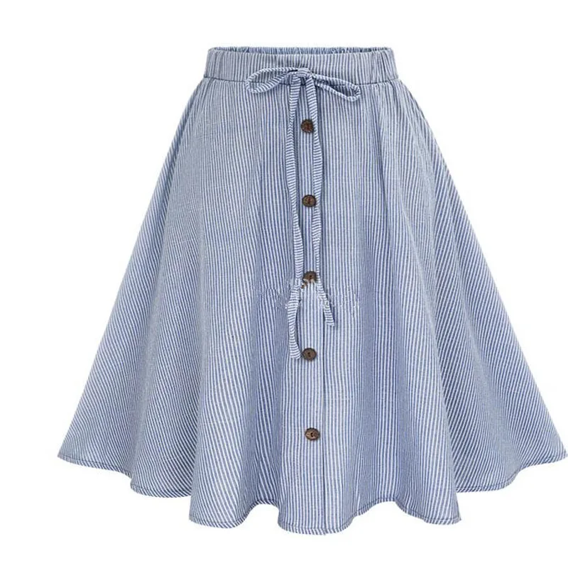 Летняя женская юбка, винтажная, в полоску, с принтом, на шнуровке, с пуговицами, с высокой талией, юбка, плиссированная, хлопок, миди, до колен, юбки, Rokken - Цвет: blue