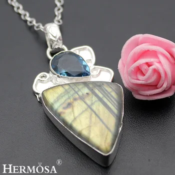

Hermosa Jewelry Rare Fashion LABRADORITE Silver Color Necklace Pendants 65MM HM307