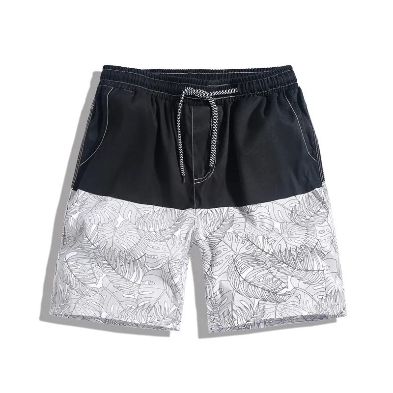 VDOGRIR White Printed Leaf Black Contrast Color Shorts For Men Fashion
