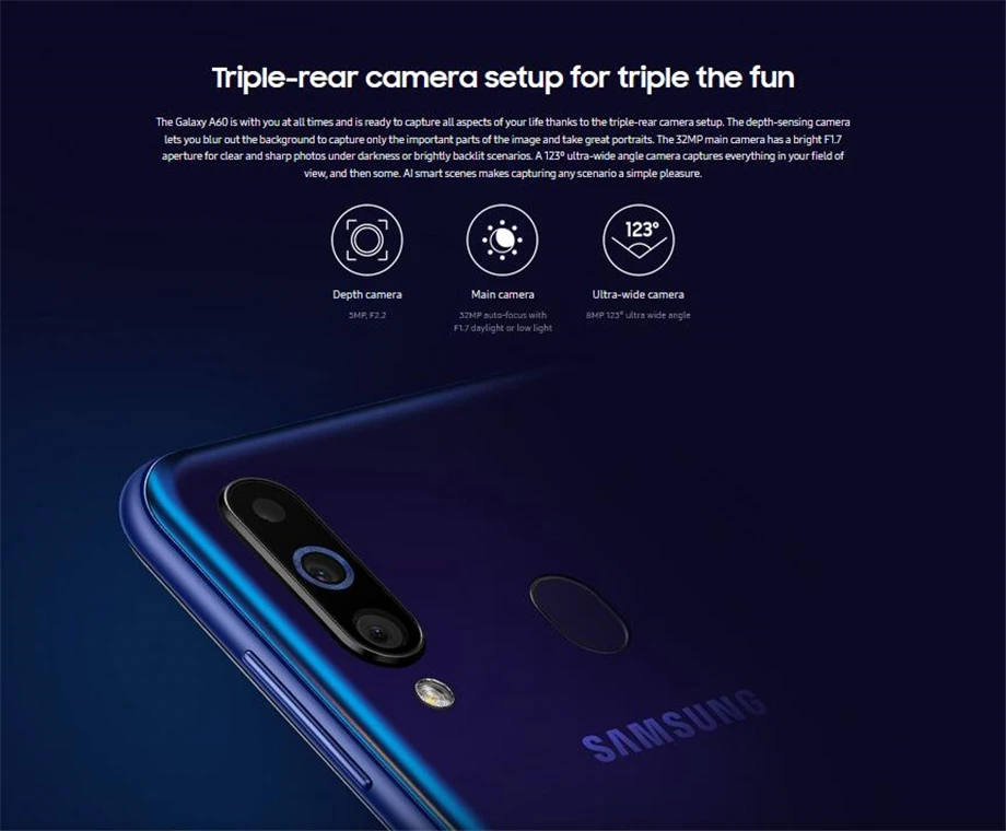 Мобильный телефон samsung Galaxy A60 A6060 Android, две sim-карты, четыре ядра, Snapdragon675, 6,3 дюймов, 6 ГБ ram, 64 ГБ rom, 3 тыловые камеры NFC