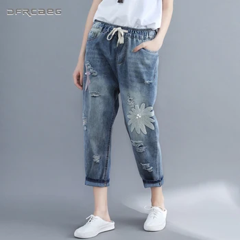 

Elastic Waist Boyfriend Jeans For Women Spring Autumn Casual Vintage Ladies Embroidery Denim Harem Pants With Beading Femme