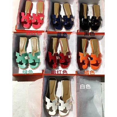 

H slippers female crocodile pattern summer wear personality flat luxury brand beach holiday sandals and slippers women 34-41