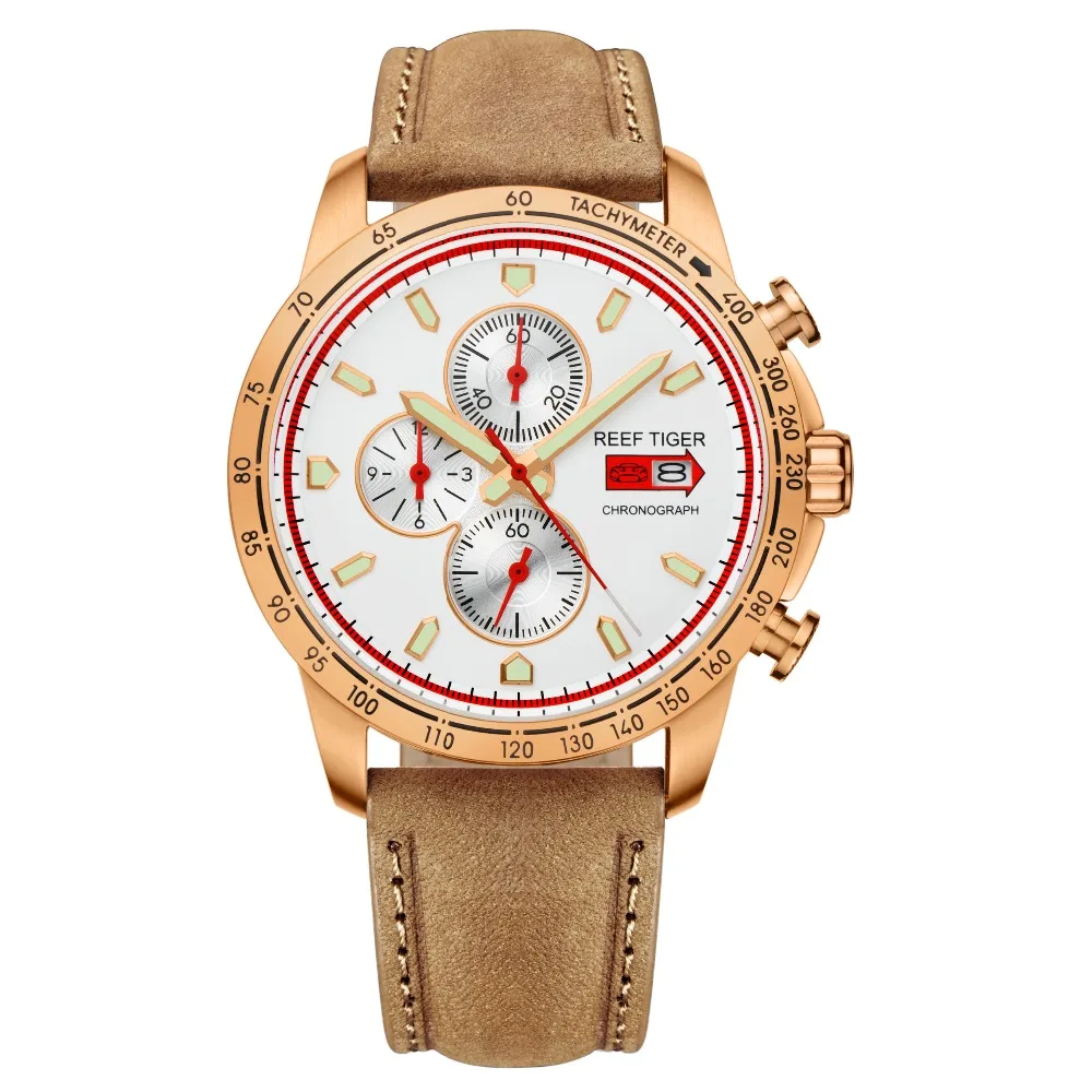  Reef Tiger/RT Sport Watch for Men Chronograph Quartz Watches with Date Rose Gold Watch with Luminou