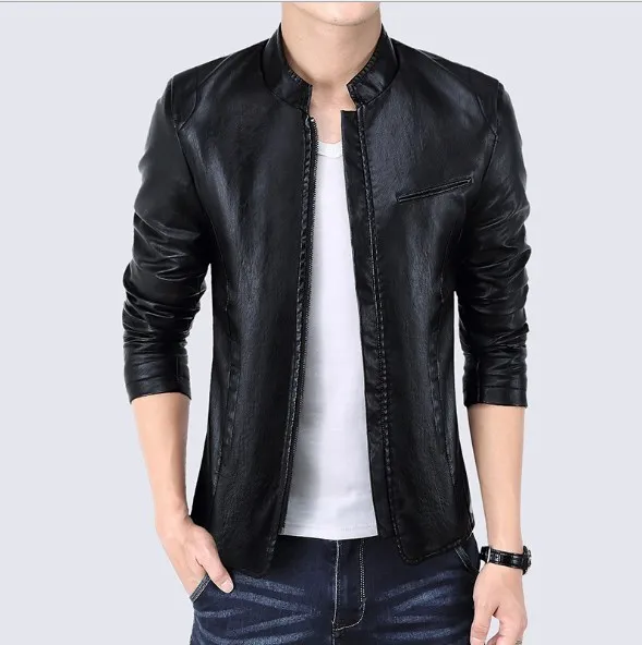 Male Plus Size Pu Leather Jacket and Coat Spring Autumn Men Stand Collar Faux Leather Jacket black Blue Red Big Size 4XL 5XL
