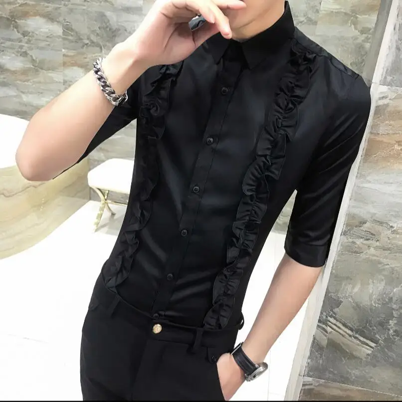 

Summer Trendy Shirt Men Slim Korean Seven-point Sleeve Shirts Handsome Hair Stylist Show Work Clothes Nightclub Singer Costumes