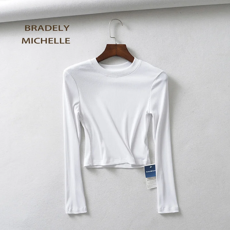 BRADELY MICHELLE Летняя Сексуальная женская футболка с длинным рукавом и круглым вырезом, тонкие эластичные хлопковые топы