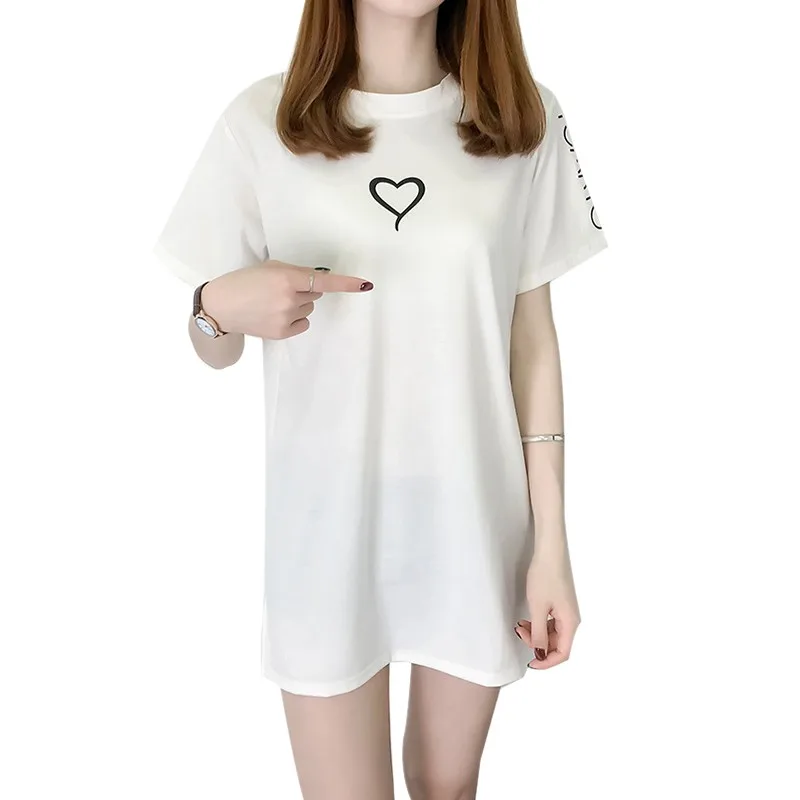 Loose Love Heart Printted Short Sleeve O-neck Long Tops Female White/Purple/Orange Color Ladies T-shirts Summer Women Clothing | Женская
