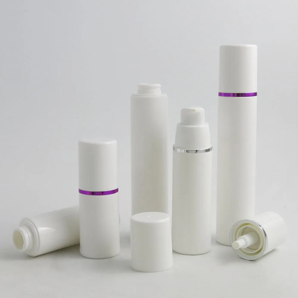 

360 x 15ml 30ml 50ml Empty White Plastic Airless Pump Cosmetic Bottles Purple Sliver Line Lotion Cream Bottles Vacuum Toiletries
