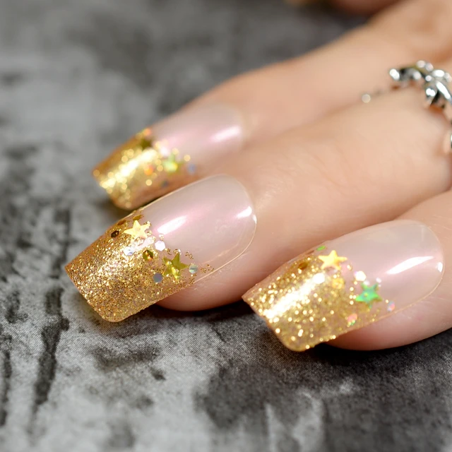 Aliexpress 24pcs Kit Flat French Nail Gold Glitter Shimmer 24pcs Kit Flat French Nail Gold Glitter Shimmer Acrylic Nails Lady Stars Decoration Designed