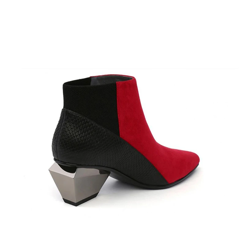 Ботинки «Челси»; Цвет черный, красный; осенние женские ботинки из натуральной кожи с острым носком; Разноцветные ботильоны на массивном каблуке; HL122 muyisxi
