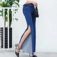 Женские узкие джинсы с разрезом сбоку; Новинка года; модные эластичные джинсы бойфренда; узкие брюки клеш; джинсы; Femme