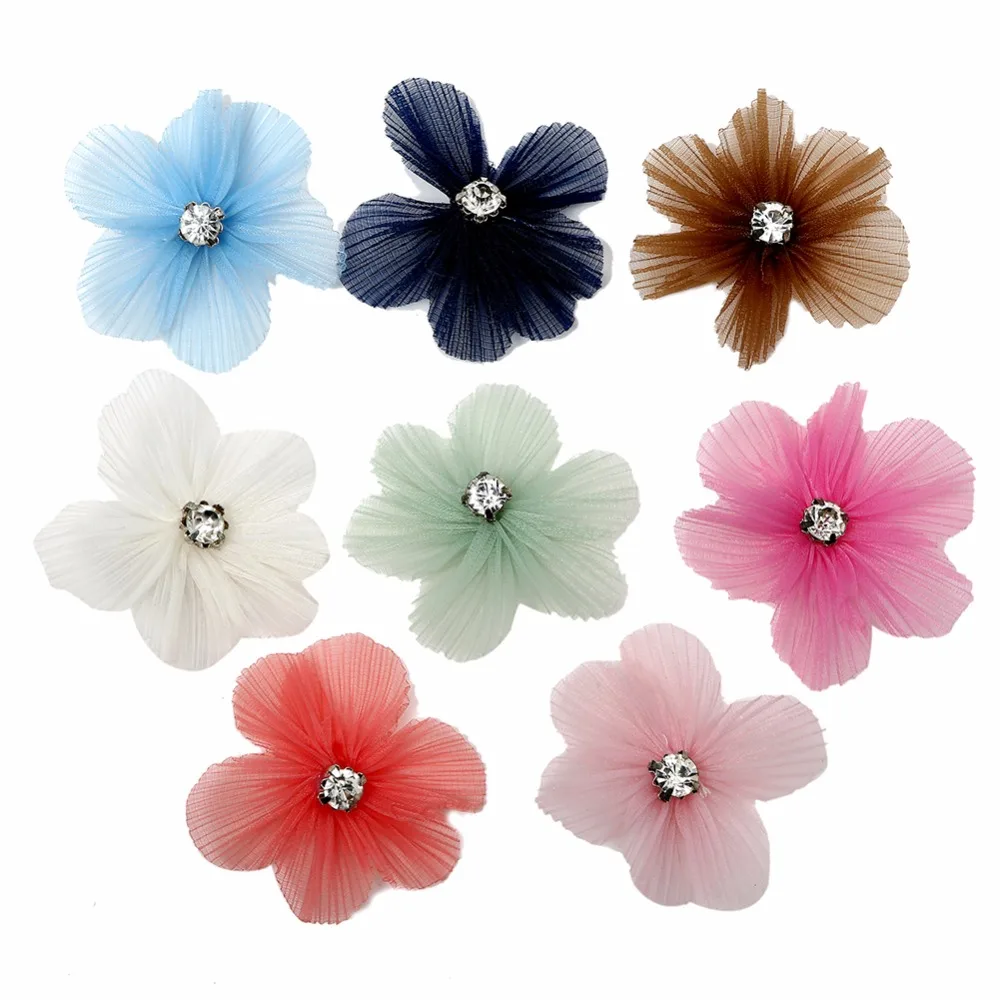 

10pcs/lot Mini Chiffon DIY Handmade Artificial Flower Matching Rhinestone Claw in Central Decoration Craft Fake Flowers Headwear