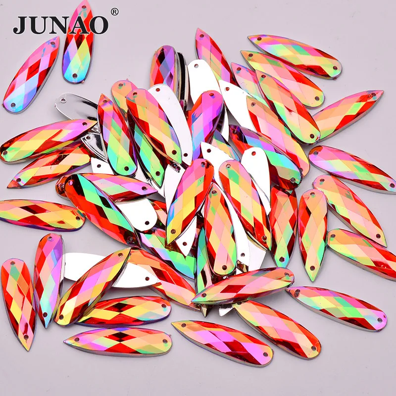

JUNAO 8*28mm Glitter Sewing Red AB Drops Rhinestone Flatback Stones Sewn Acrylic Crystal Strass Applique for DIY Clothes Crafts