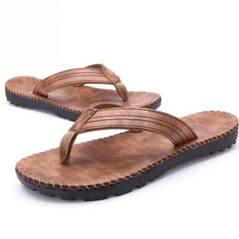 

Hot Selling Summer Cool Men PU Leather Flip Flops British Style Boardered Beach Sandals Male Slippers